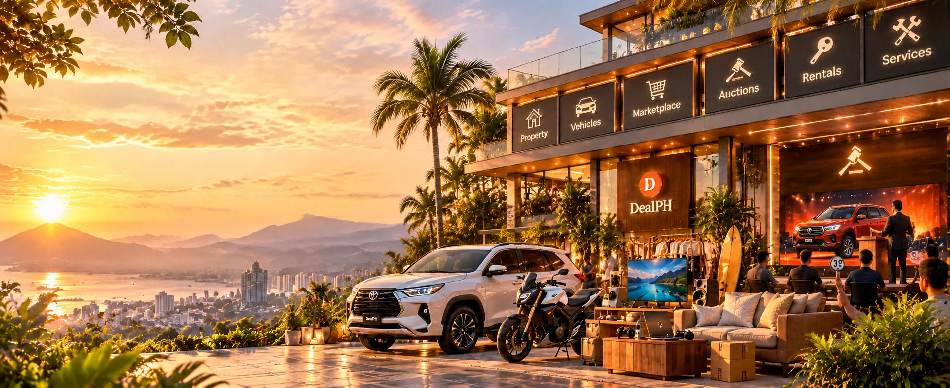 Illustrative artwork: a DealPH marketplace building at golden hour with property, vehicles, shopping, rentals, services and an auction stage